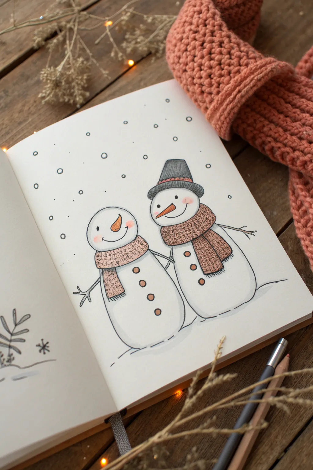 Two best-friends snowmen, tall and small, with matching scarves and touching twig arms