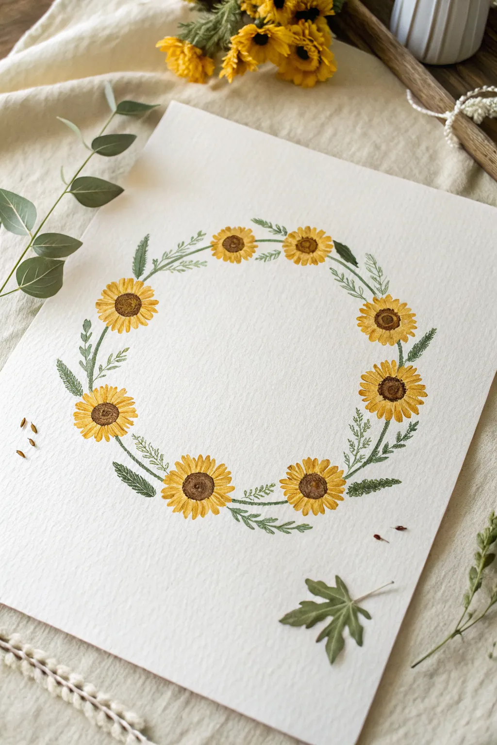 Easy sunflower wreath circle with a clean blank center, a cute minimalist idea for beginners.
