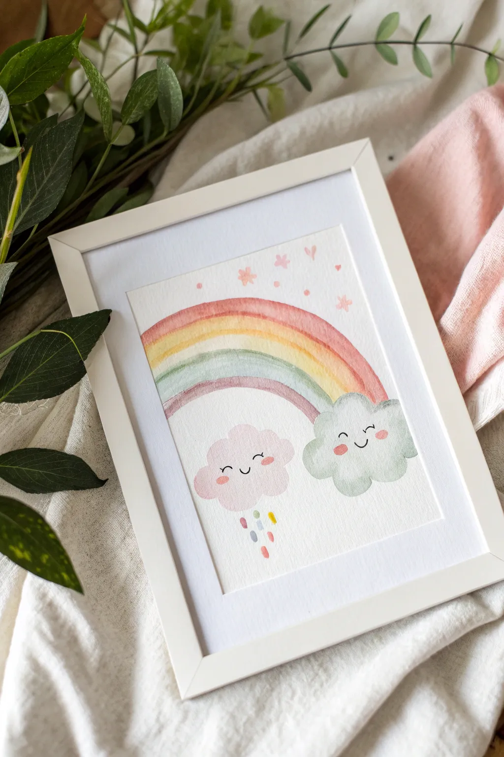 Two smiling watercolor clouds with dreamy pastel rainbows, soft edges and minimalist Scandinavian charm