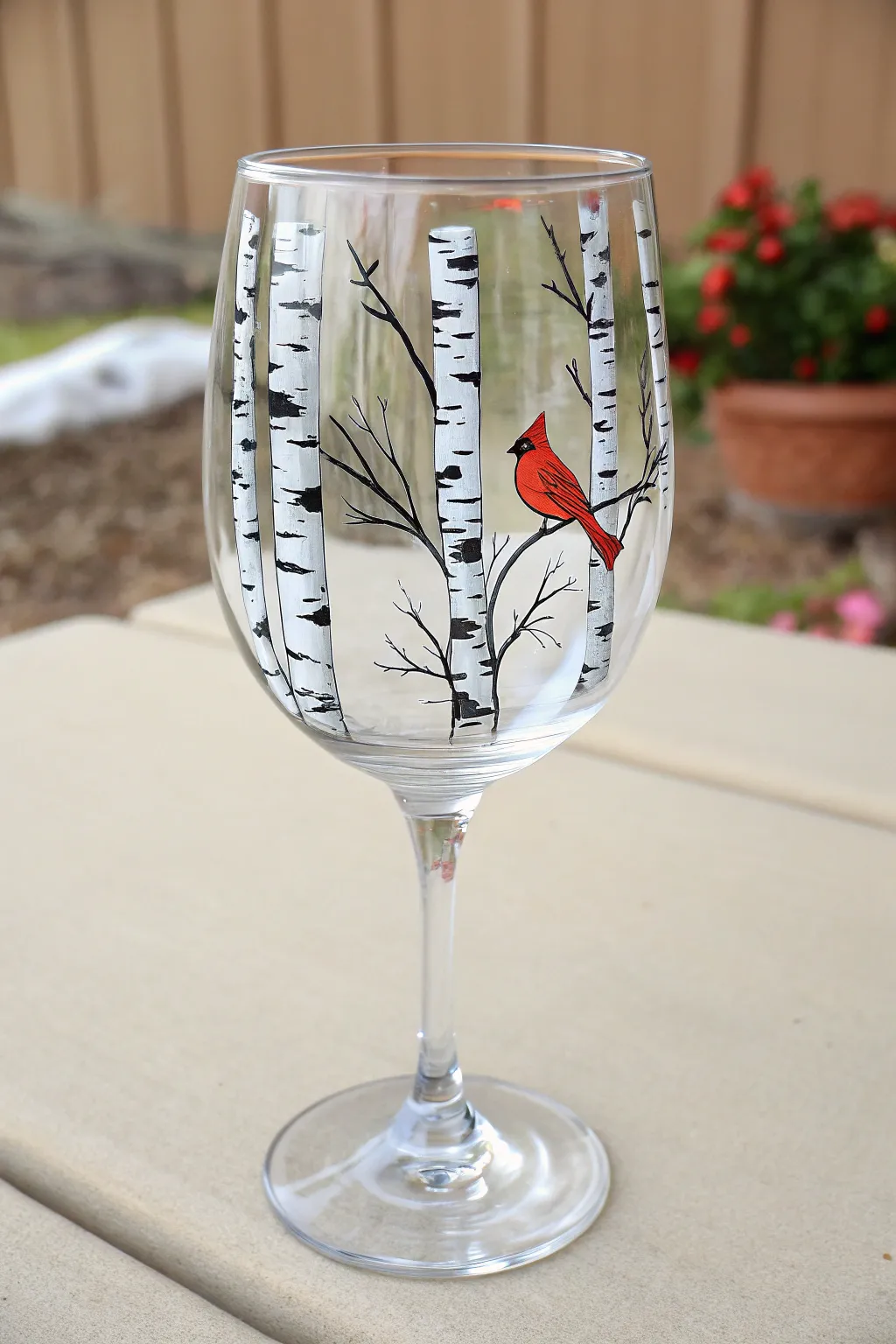 Create a winter wonderland with this elegant birch and cardinal painted wine glass.