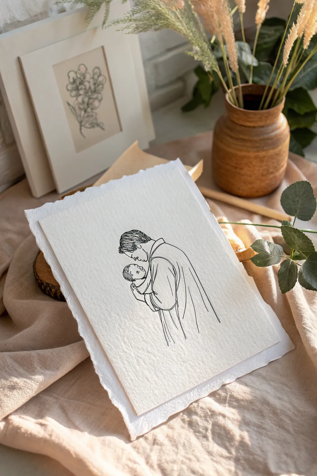 Minimal one-line dad and baby drawing with a soft watercolor wash, a sweet DIY birthday gift idea
