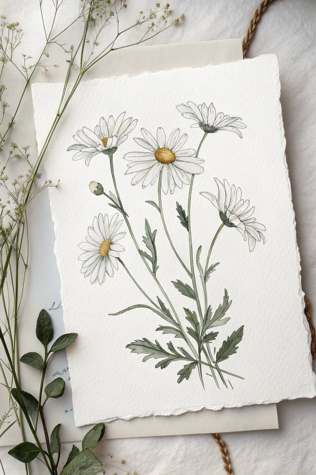 Botanical line-and-wash daisies: crisp ink lines, soft watercolor wash, and calming white space