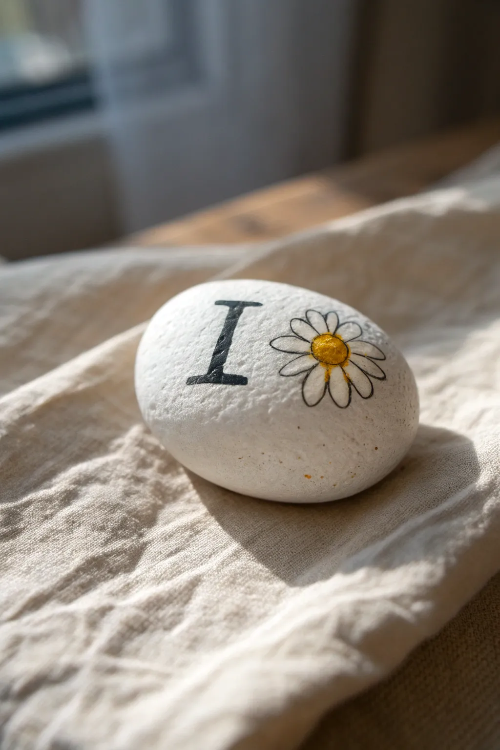 Hand-lettered rock with a daisy dot accent for an easy, minimalist boho painting idea
