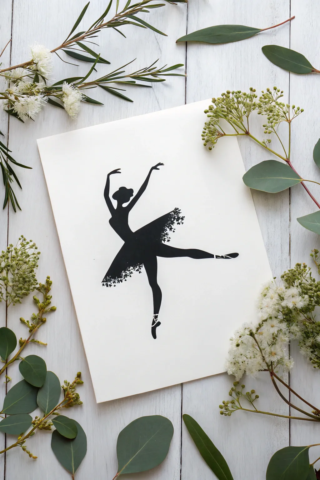 A bold dancer silhouette blooming with watercolor botanicals for calm, nature-inspired motion.
