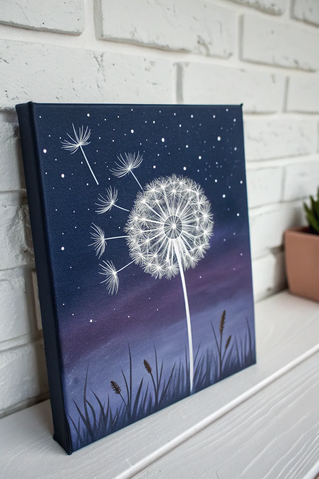 Galaxy night dandelion wish painting idea with glowing seeds drifting like constellations