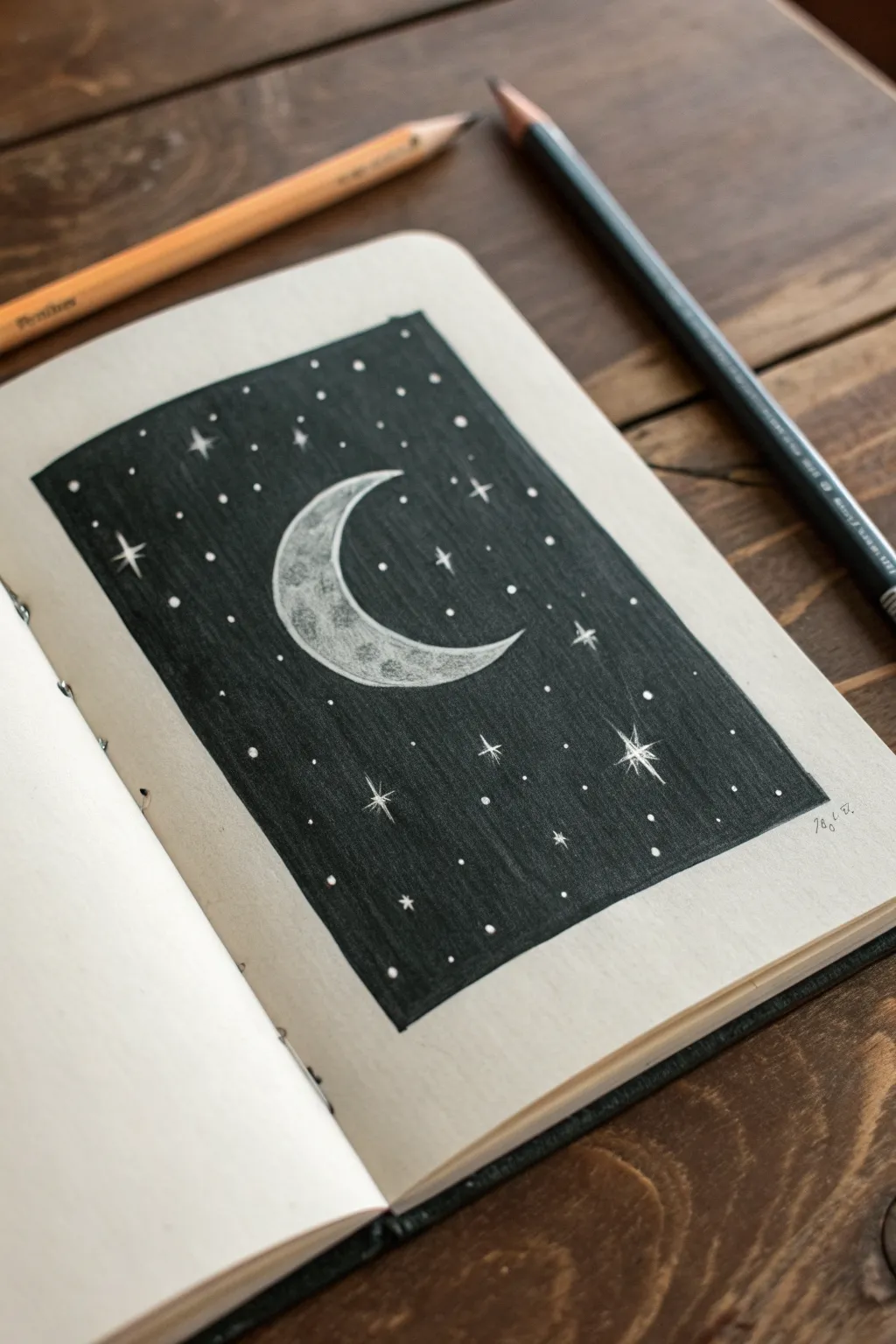 Long December night sky study with crescent moon and star clusters in soft ink gradient.