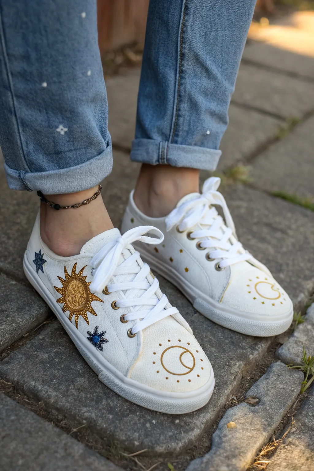 Celestial sun and moon sneakers with tiny stars, styled simply with cuffed jeans for wearable art