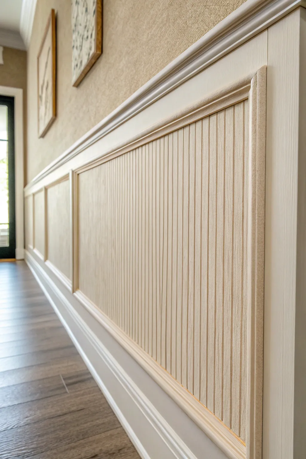 Dry-brushed soft stripes with the base color peeking through for a calm, linen-like wall finish.