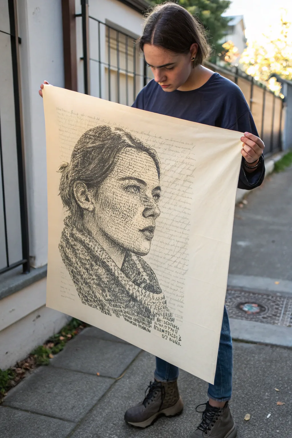 A quiet face emerging from intimate ink strokes, minimalist, handcrafted, and full of mystery.