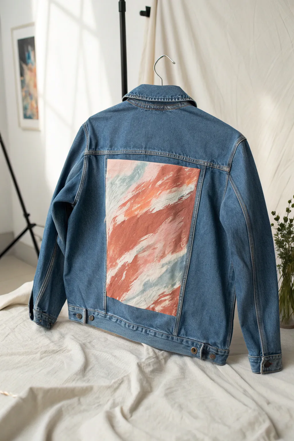 Close-up denim jacket back panel with messy-pretty brushstrokes, rich texture, and studio realism