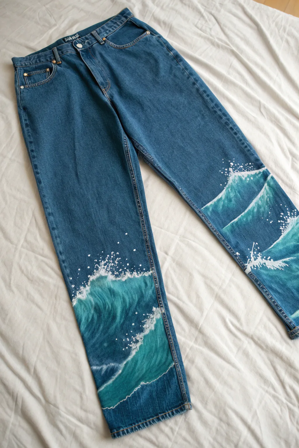 Paint ocean waves on a jean hem for a calm coastal look with crisp white foam highlights.