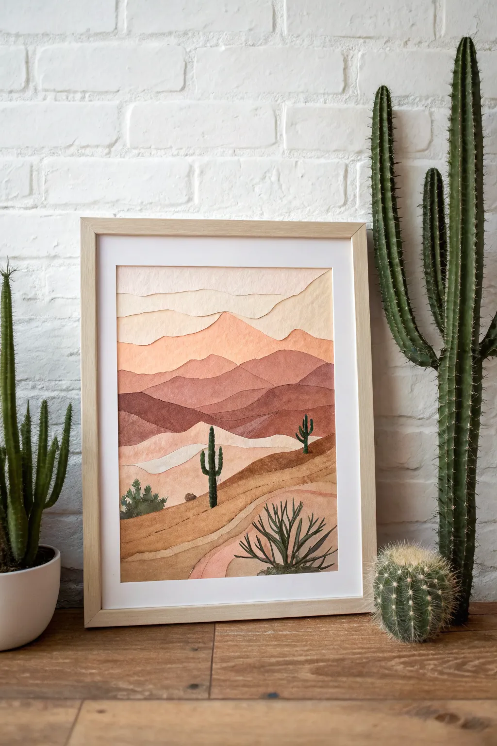 Easy mixed-media desert collage with layered dunes, bold paper cactus, and playful doodle texture