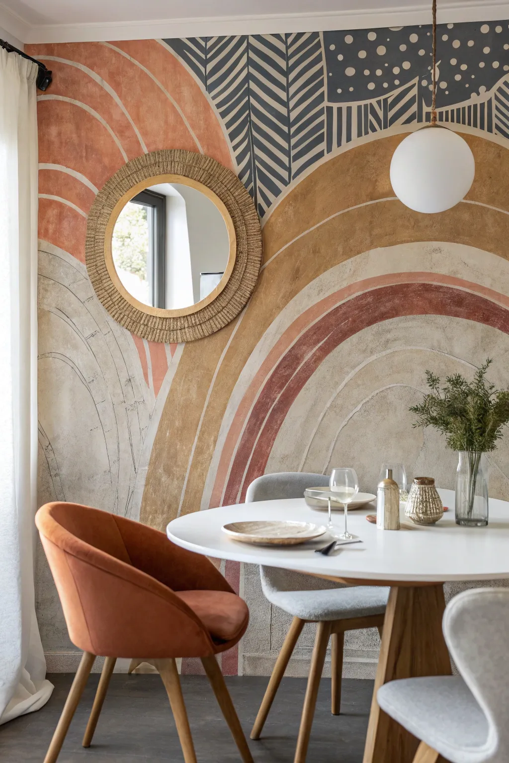 A round mirror layered over a bold mural brings depth and soft light to a minimalist dining wall.