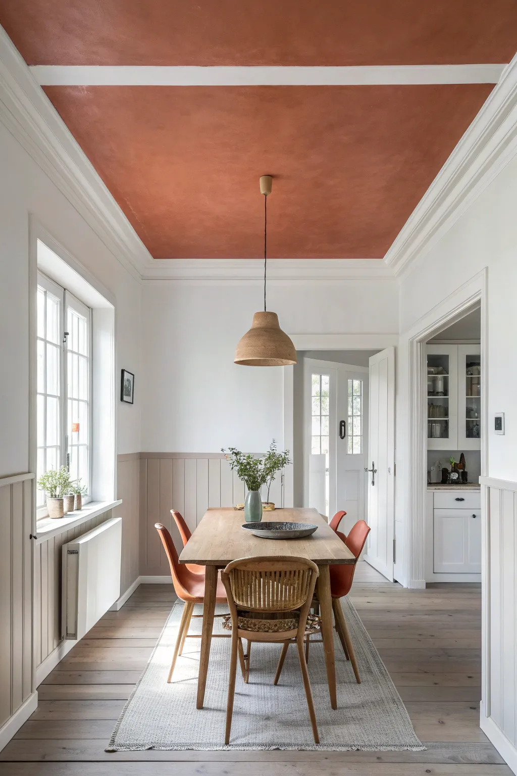 A warm painted ceiling frames the dining zone and echoes the accent wall for cozy contrast.