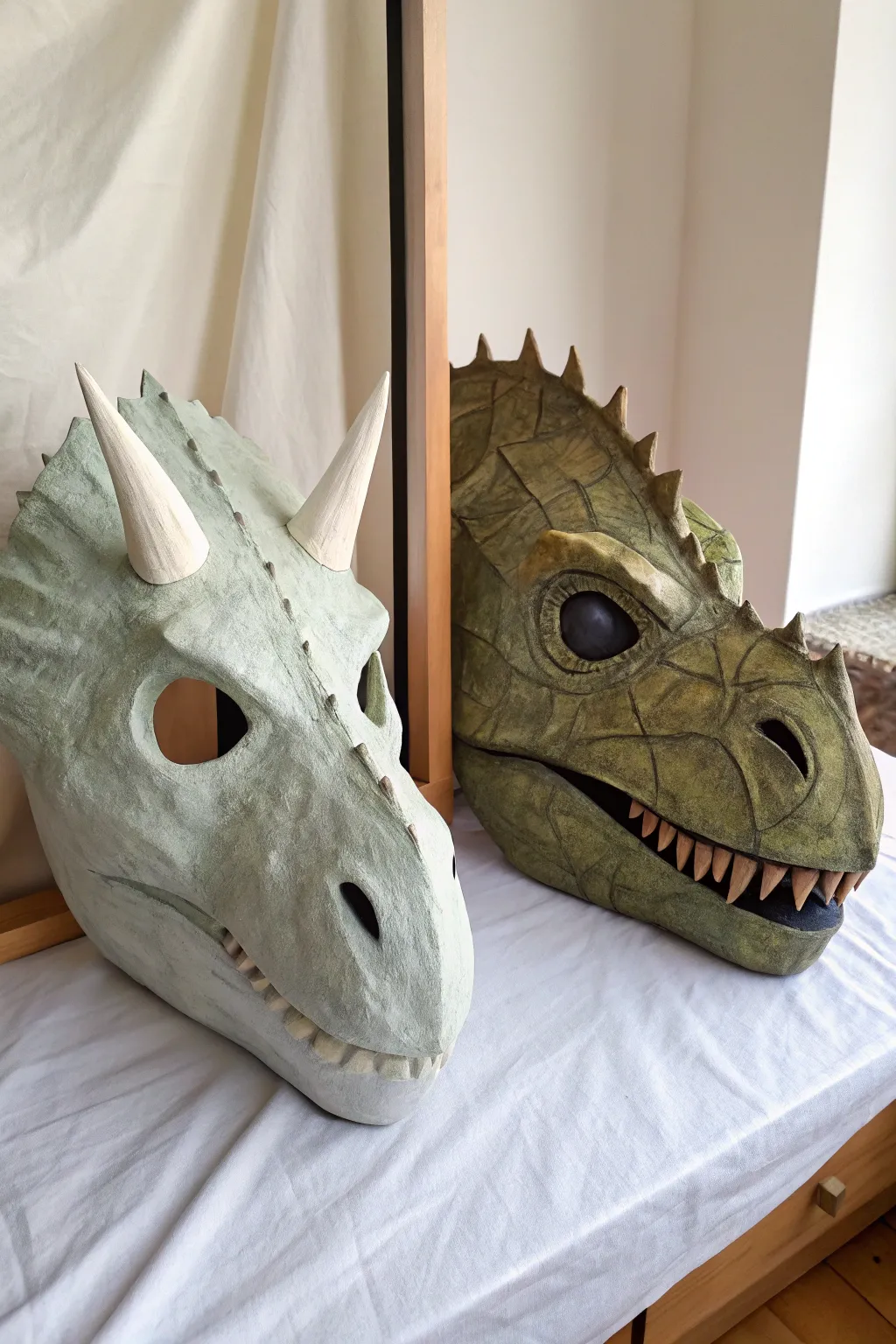 Subtle by day, magical by night: dino mask glow markings in a minimalist diptych