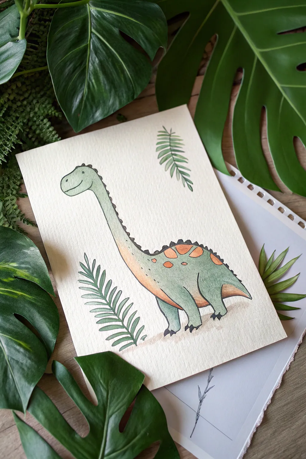 Jurassic jungle overlap: a bold main dino framed by soft leaves and hidden shapes for depth.