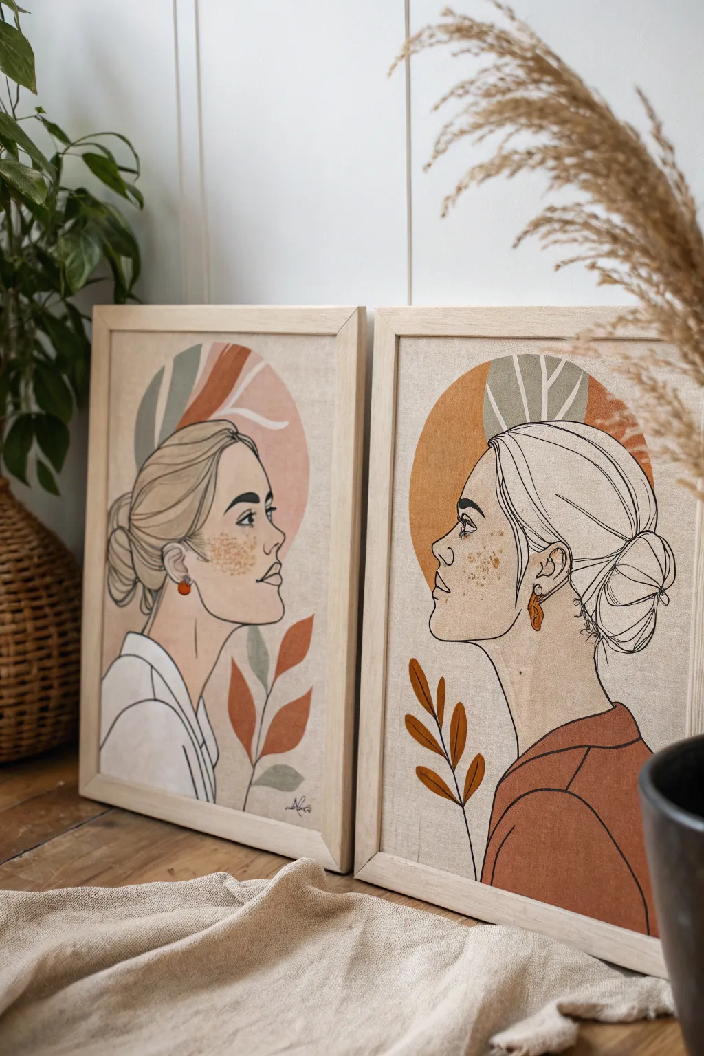 Minimal mirror-image portrait diptych, shared abstract shape bridging the center for calm symmetry.