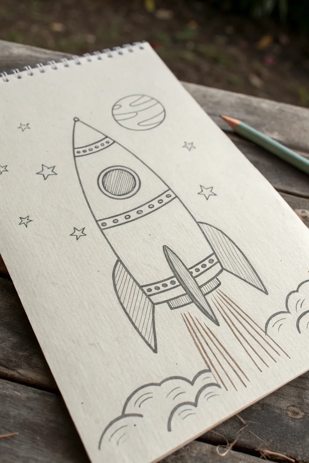 Simple rocket ship directed drawing: clean shapes, soft space details, and calm minimalist style