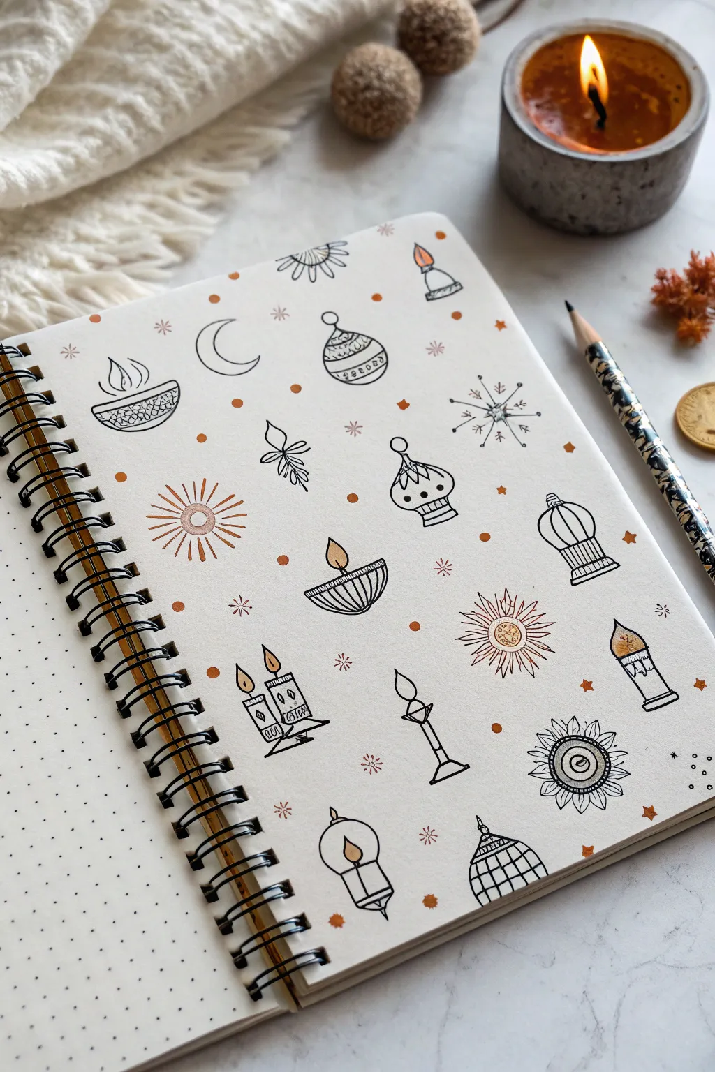 Minimal Diwali icon pattern page with diyas, lanterns, fireworks, and rangoli motifs