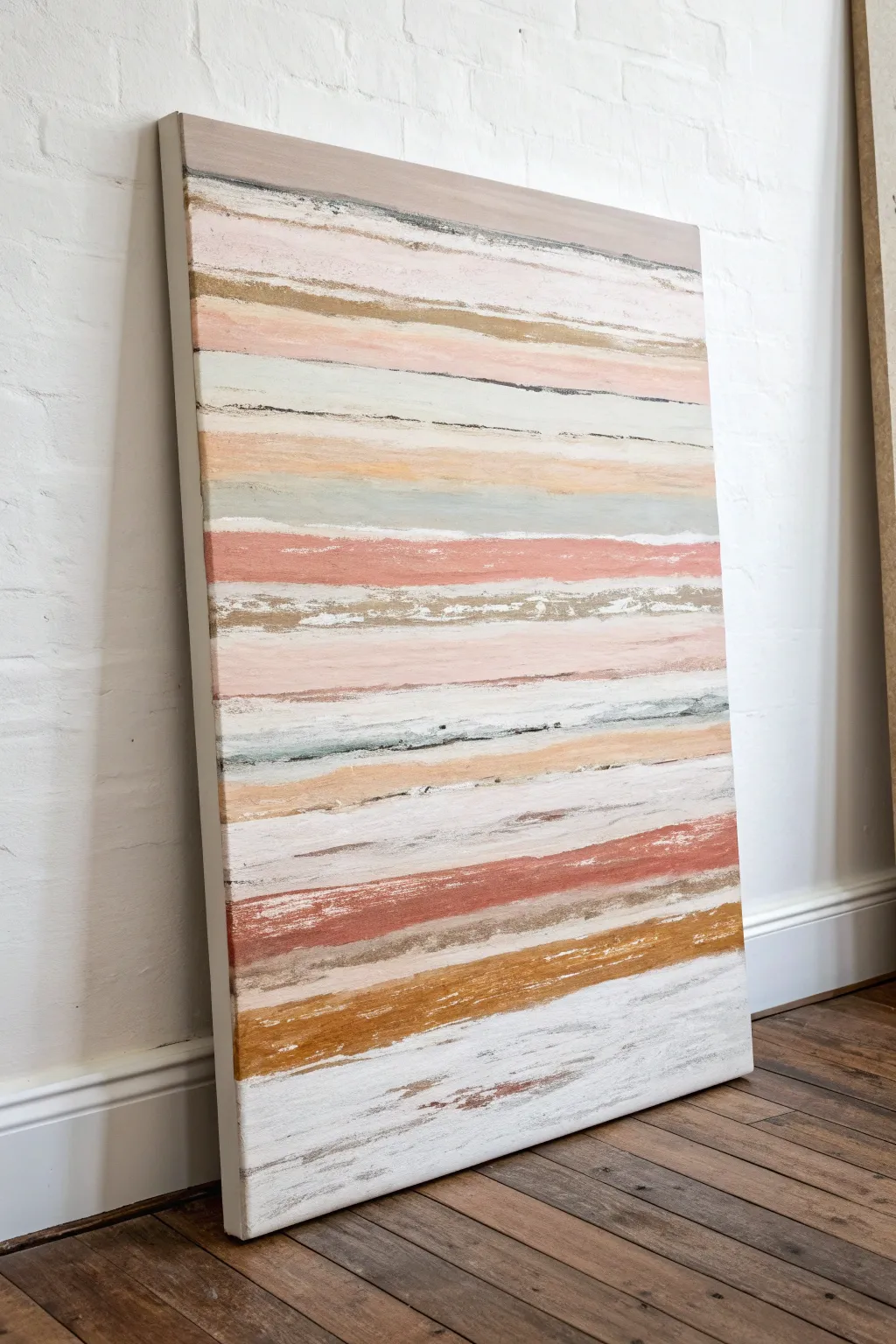 Squeegee-drag abstract stripes in layered neutrals with boho texture and bold contrast.