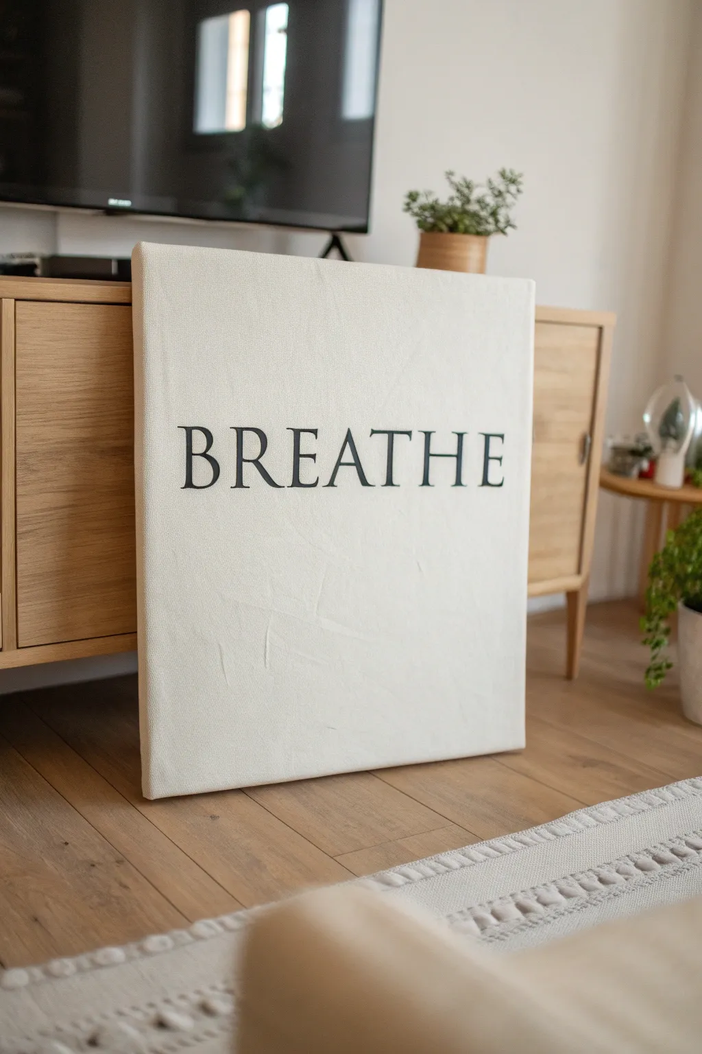 DIY typography statement canvas with bold contrast, minimalist wall art for a serene living room