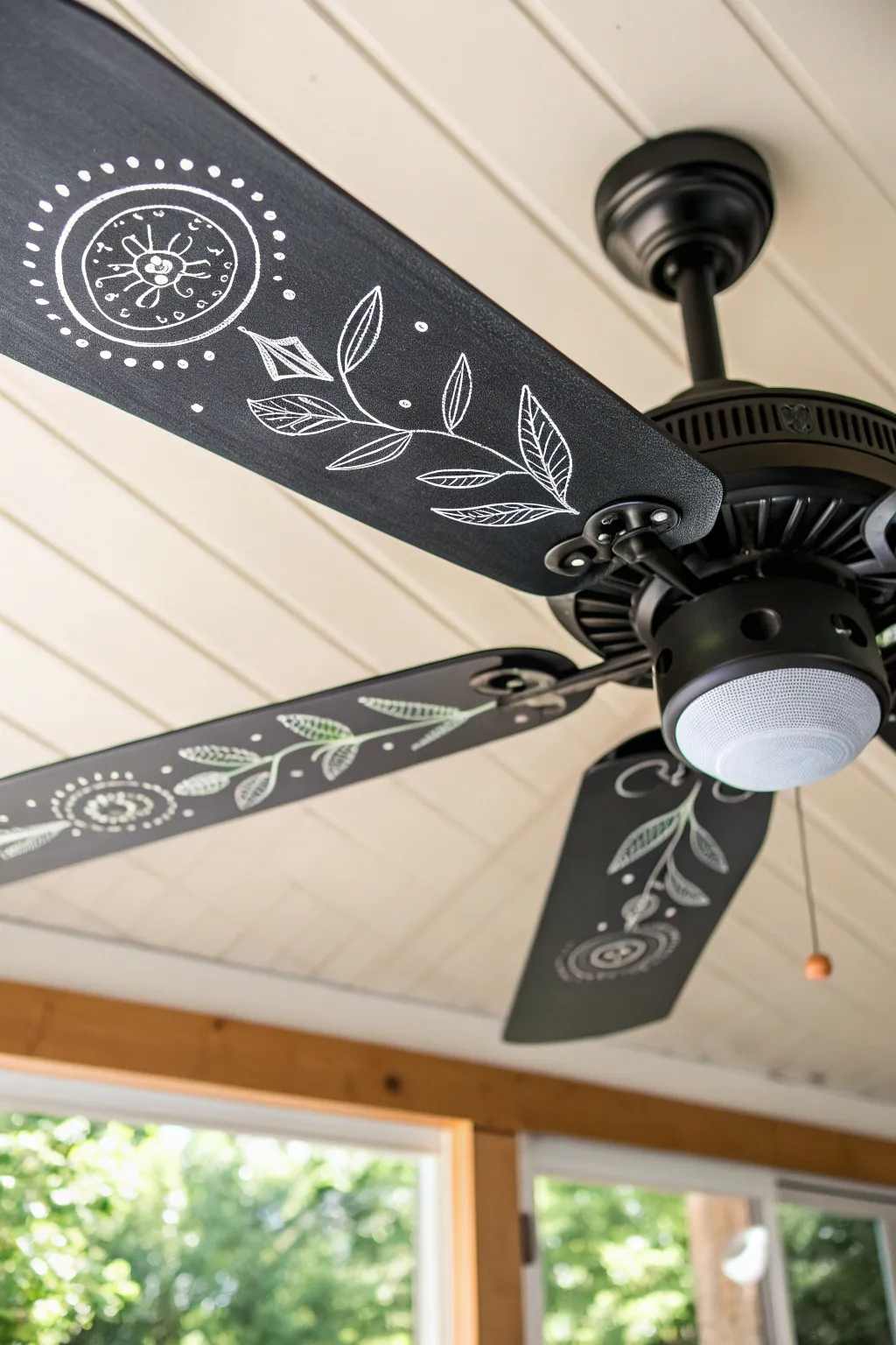Matte chalkboard fan blade with crisp white doodles, minimalist boho DIY detail shot.