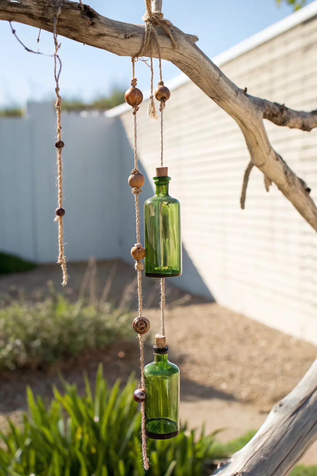 Minimalist hanging bottle wind chime DIY with soft boho beads and sunlit glass sparkle