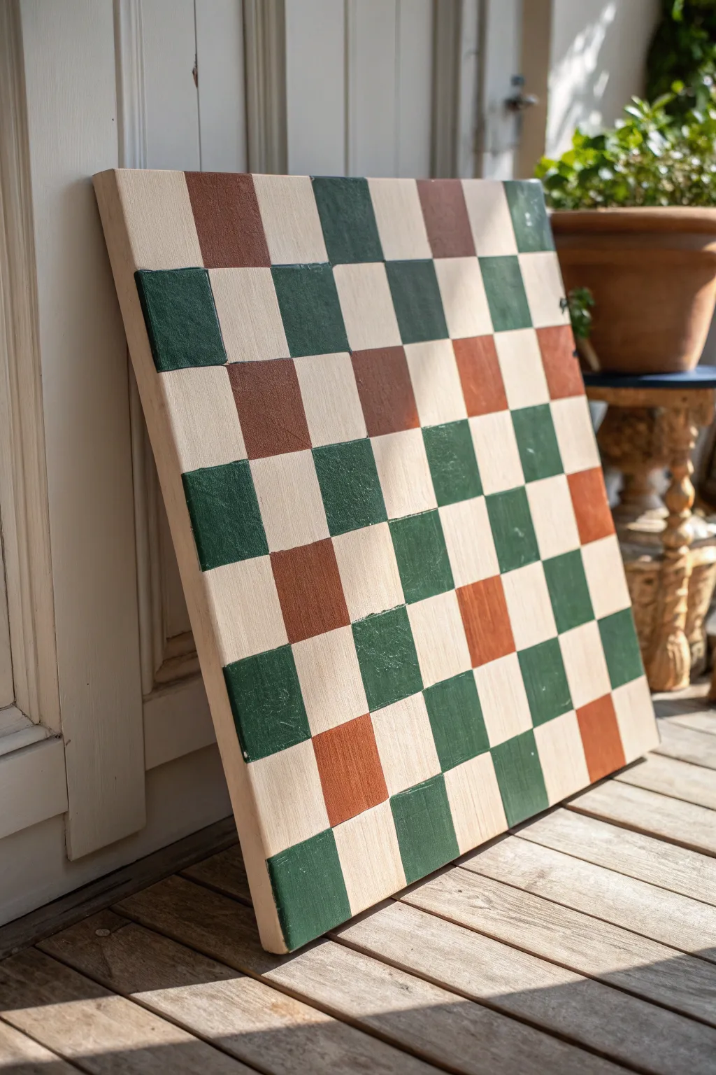 Paint a modern wavy checkerboard canvas with a calm Nordic palette and bold contrast.