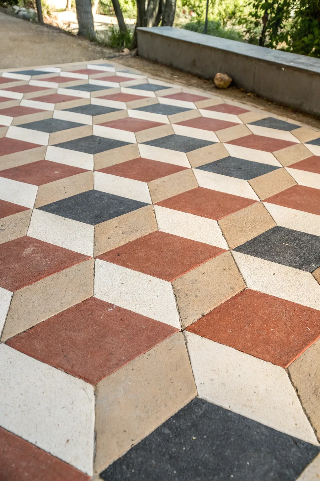 A striking 3D cube floor illusion in three calm shades, plus a simple palette to match.