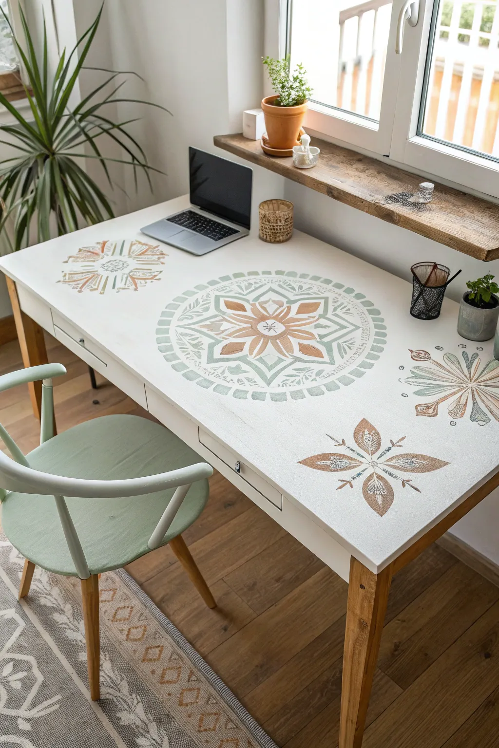 Stenciled desktop motif with layered paint for a clean, artsy DIY finish in soft boho neutrals