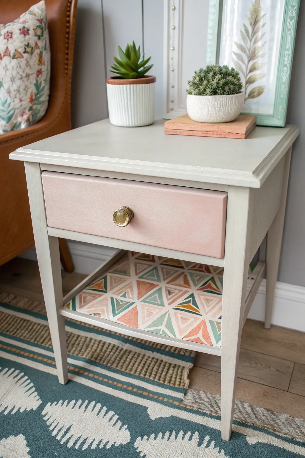 Neutral painted end table with a drawer reveal: a colorful hand-painted pattern inside