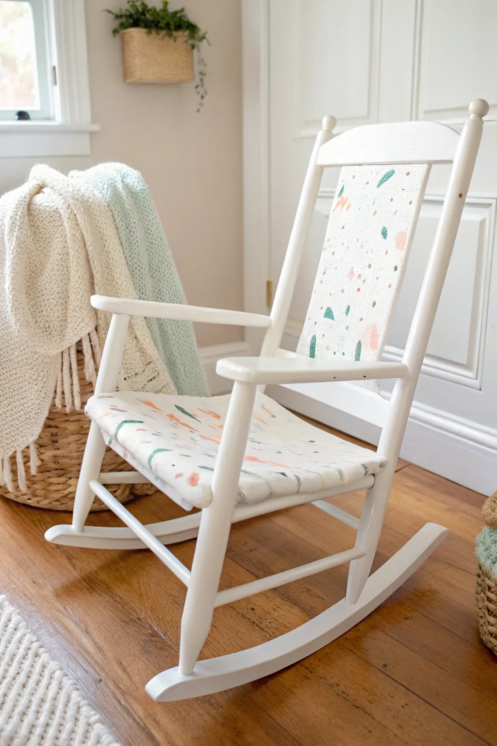 Playful confetti-dash nursery rocker in soft Scandinavian light, simple and charming.