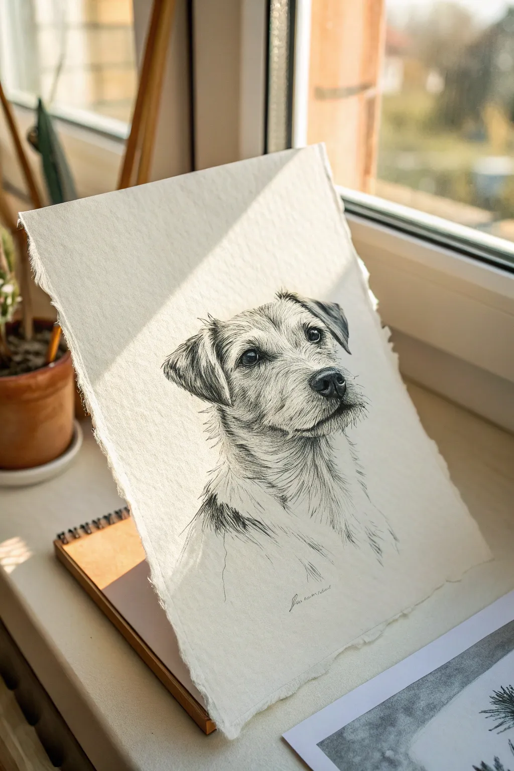 Ink line dog portrait with soft wash shadows, a minimalist boho studio sketch idea