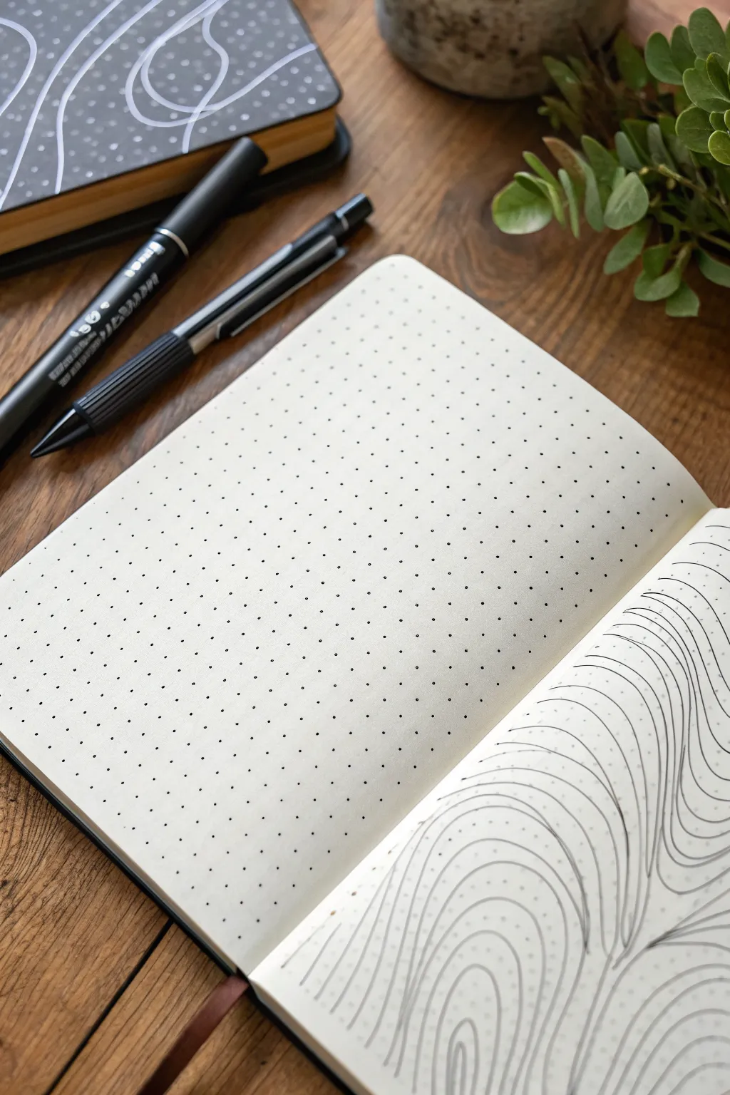 Topographic contour line doodles on a dotted notebook page, minimalist and soothing to draw