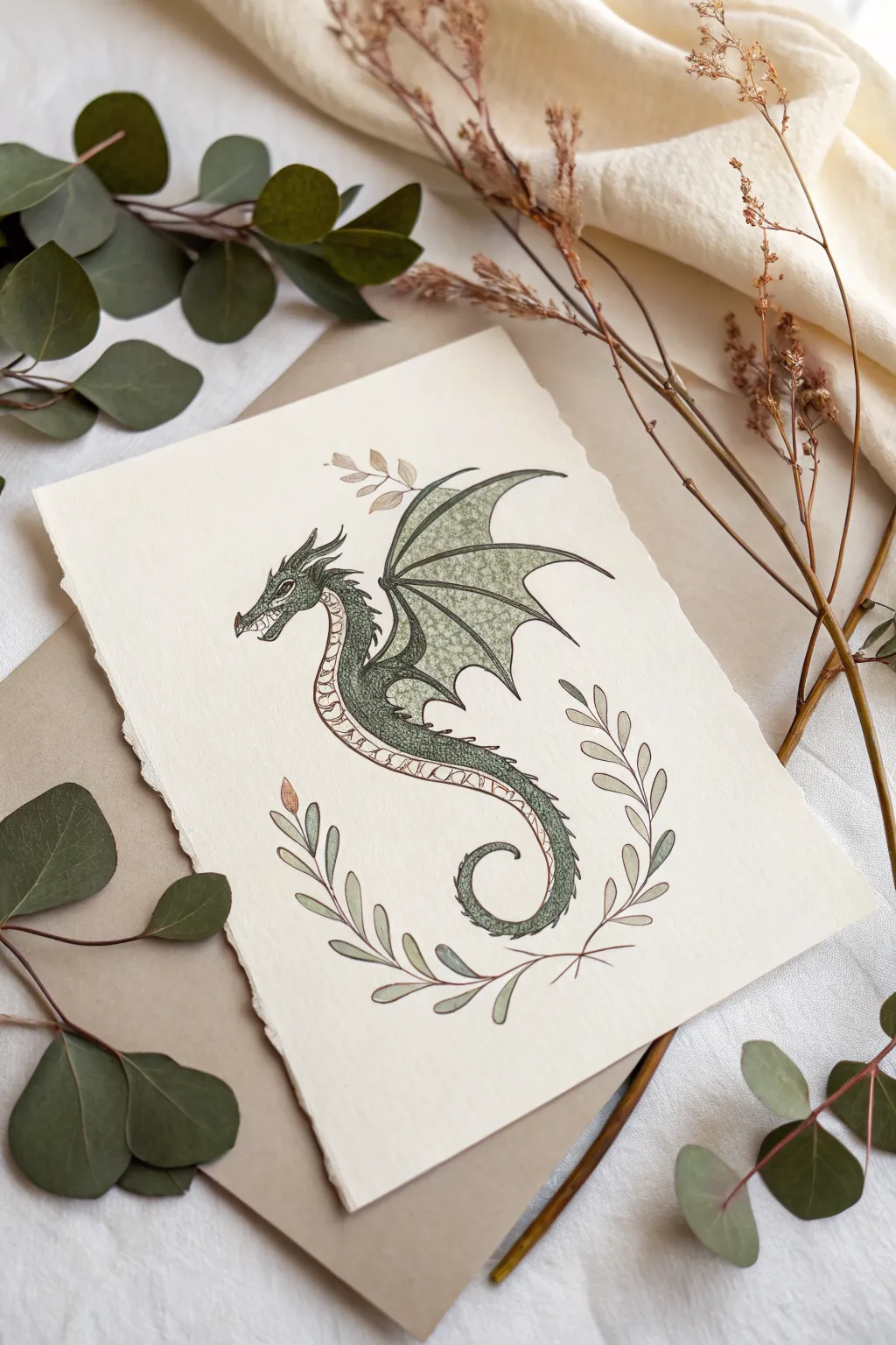 Easy leafy dragon idea in a calm earthy palette, minimalist lines with a soft boho feel