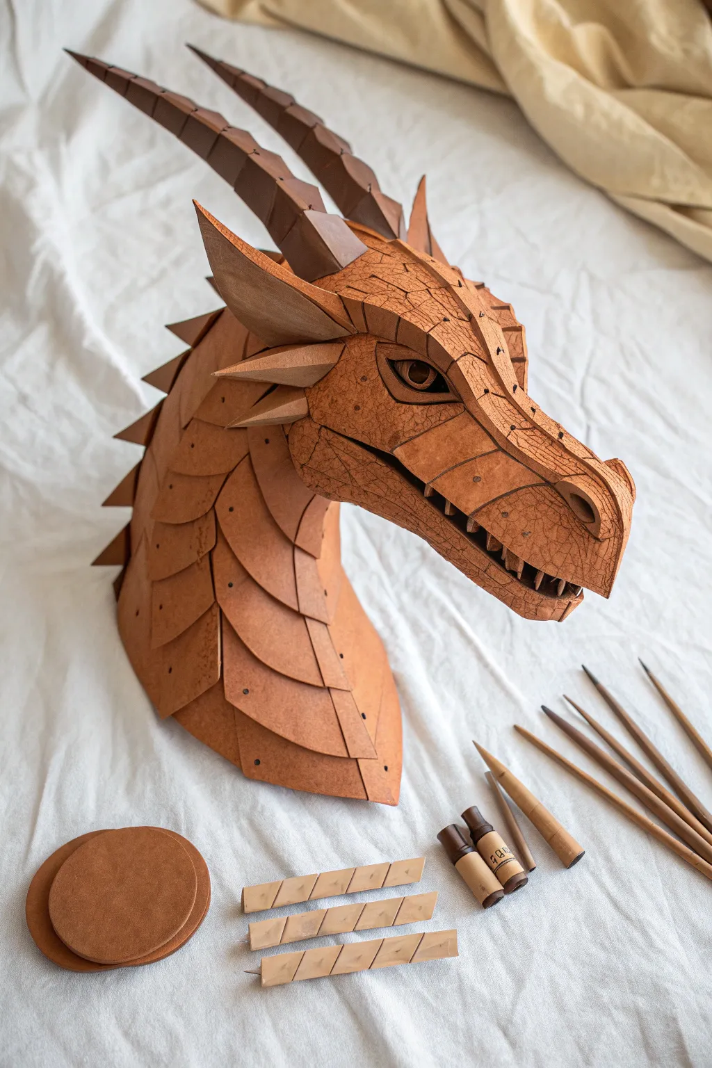 Modular dragon head base with swap-in horns and spikes for endless puppet designs.