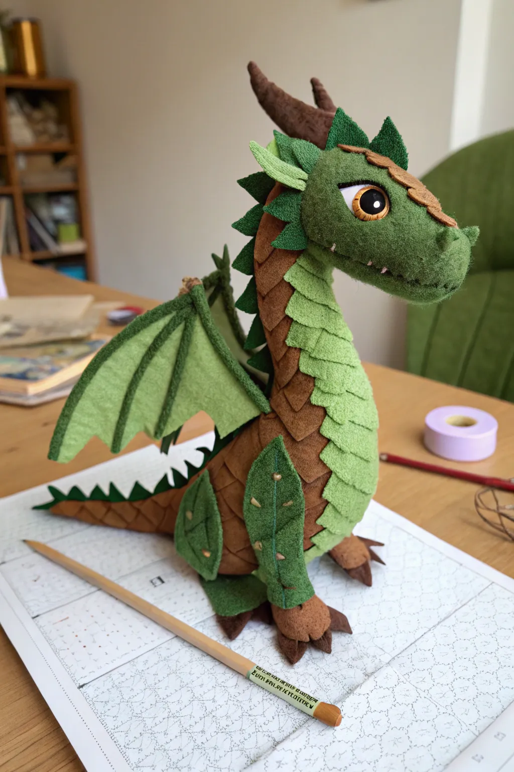 Forest sprite dragon puppet with leaf frills in earthy greens for a whimsical handmade vibe.