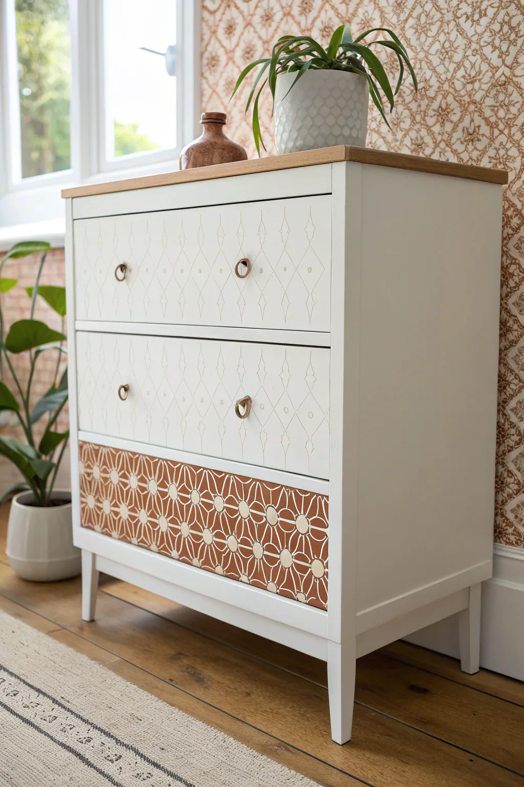 Minimalist boho dresser makeover: crisp stenciled faux inlay on a warm white drawer front