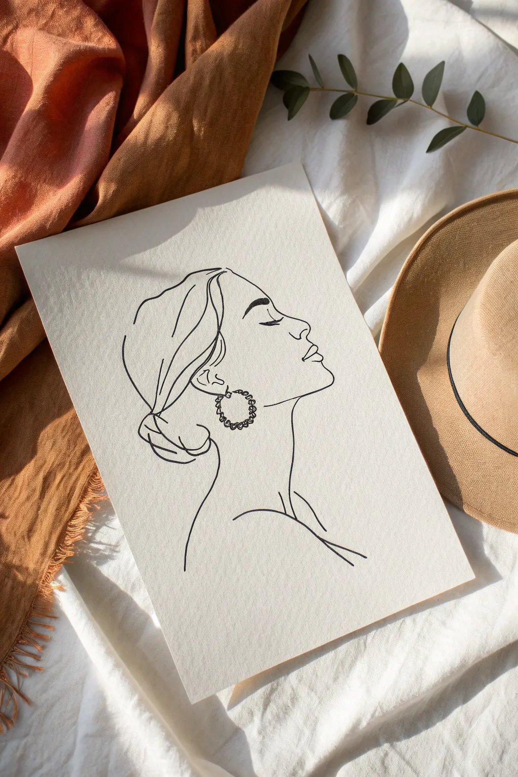 Negative space line art with one terracotta pop color, minimalist and calming drawing idea