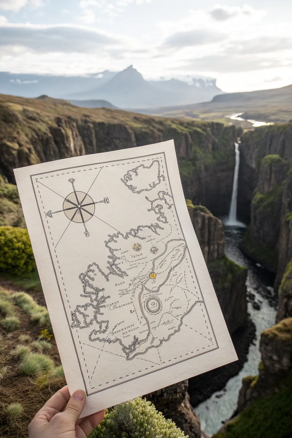 Minimal fantasy map with floating isles, glowing rift canyon, and a swirling storm sea