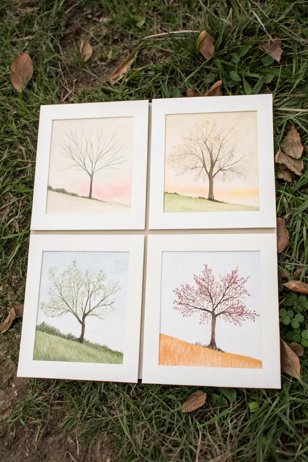 Minimal line tree in four panels, each with a simple seasonal watercolor wash and airy white space