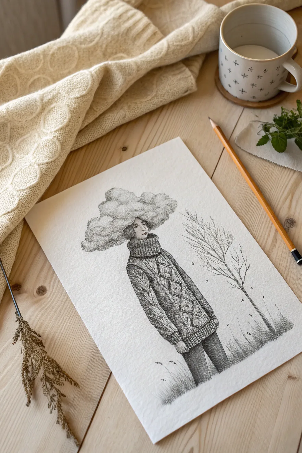 Drift into creativity with this dreamy cloud-headed figure sketch, perfect for a cozy art session.