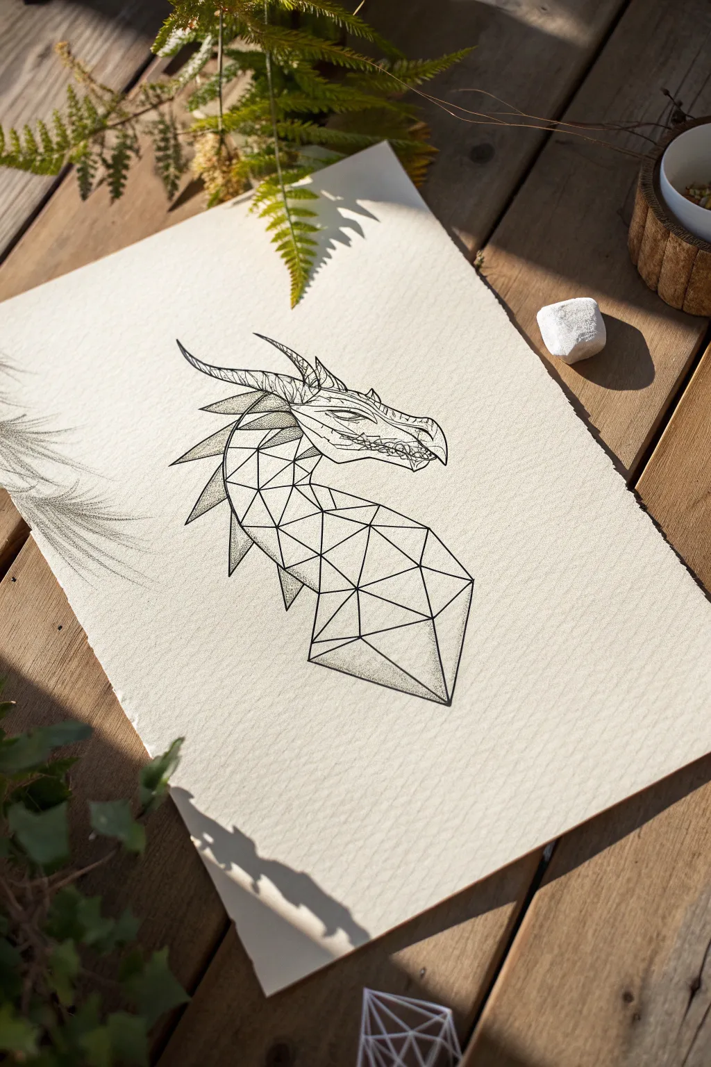 Low poly geometric dragon head with crisp planes and flat shadows, minimalist yet powerful.