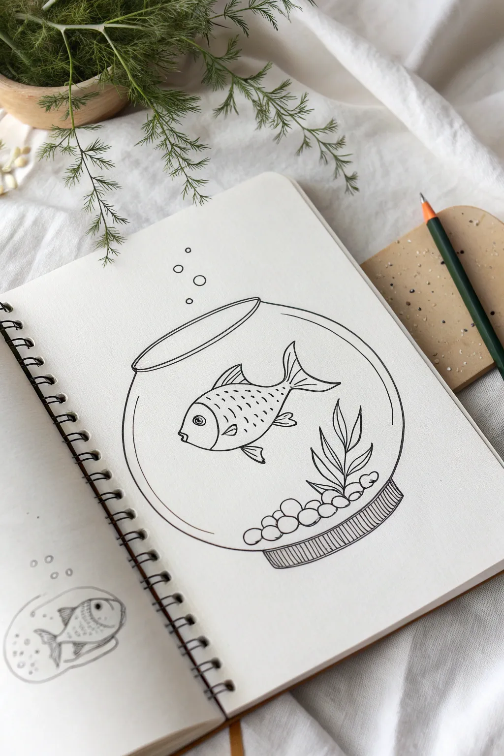Easy fishbowl doodle: clean lines, tiny bubbles, and seaweed for a calm minimalist sketch.