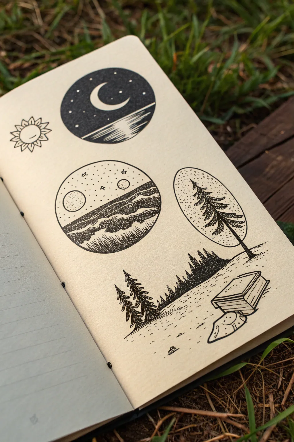 Three circle vignettes hold entire scenes: beach, forest path, and starry night on one page.