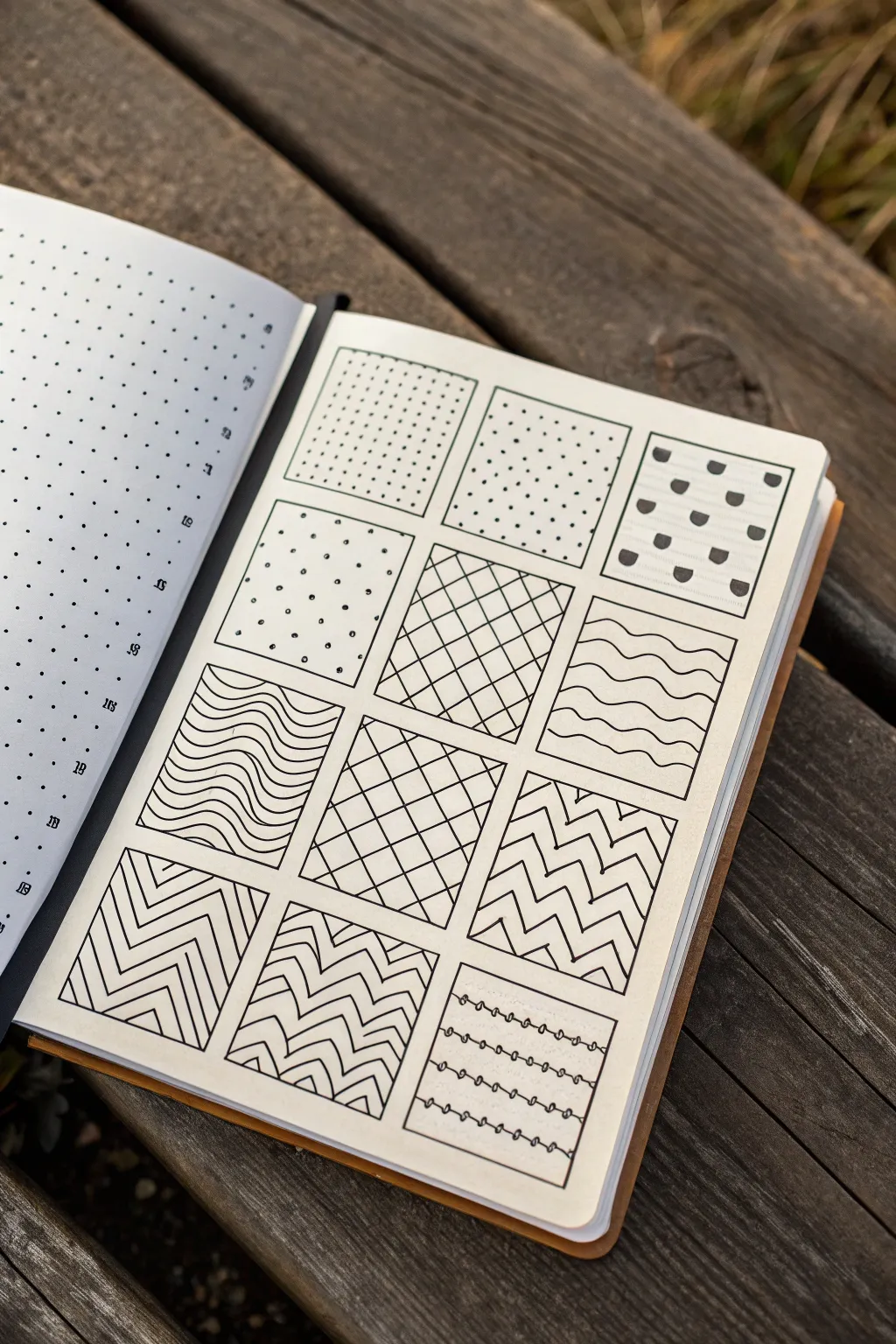 Zen pattern doodle page for 12-year-olds with clean sections and satisfying repeating lines