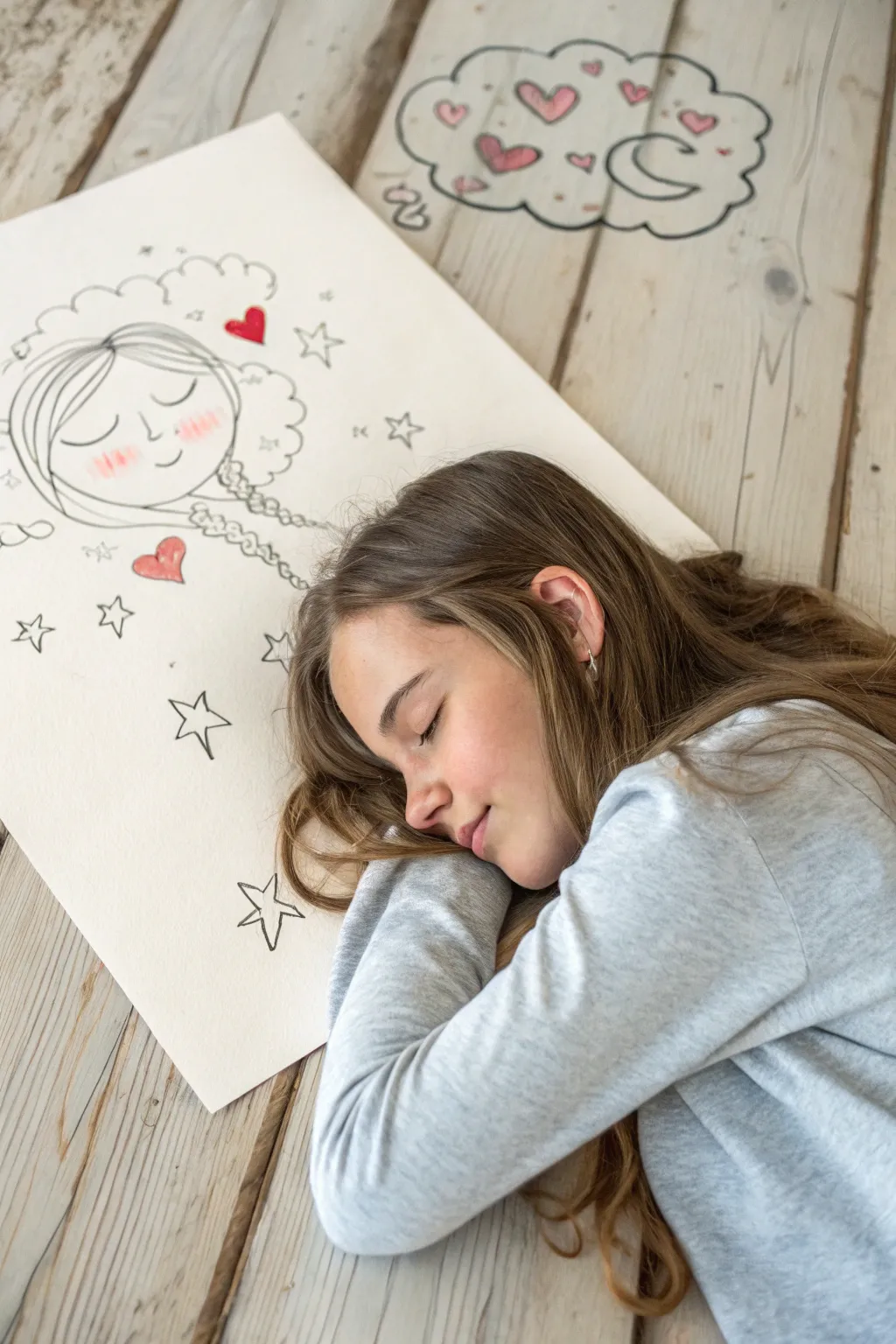 Minimalist sleeping girl drawing with a dreamy cloud thought bubble, soft boho Scandinavian vibe