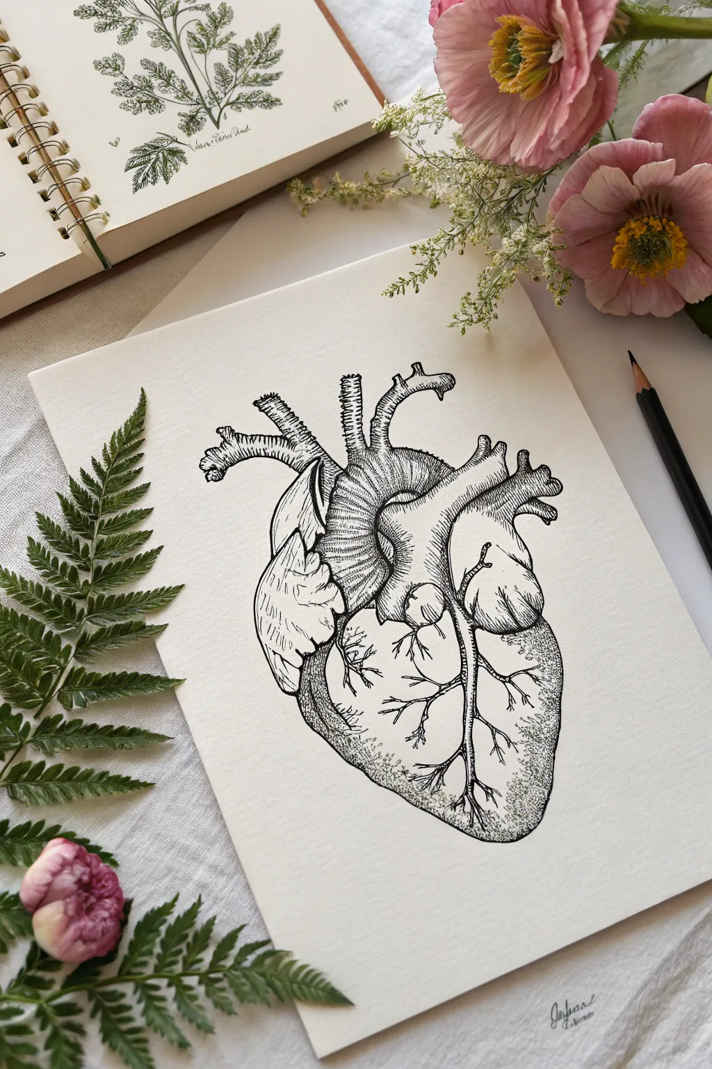 Where biology meets botany. Try this intricate blooming anatomical heart sketch.