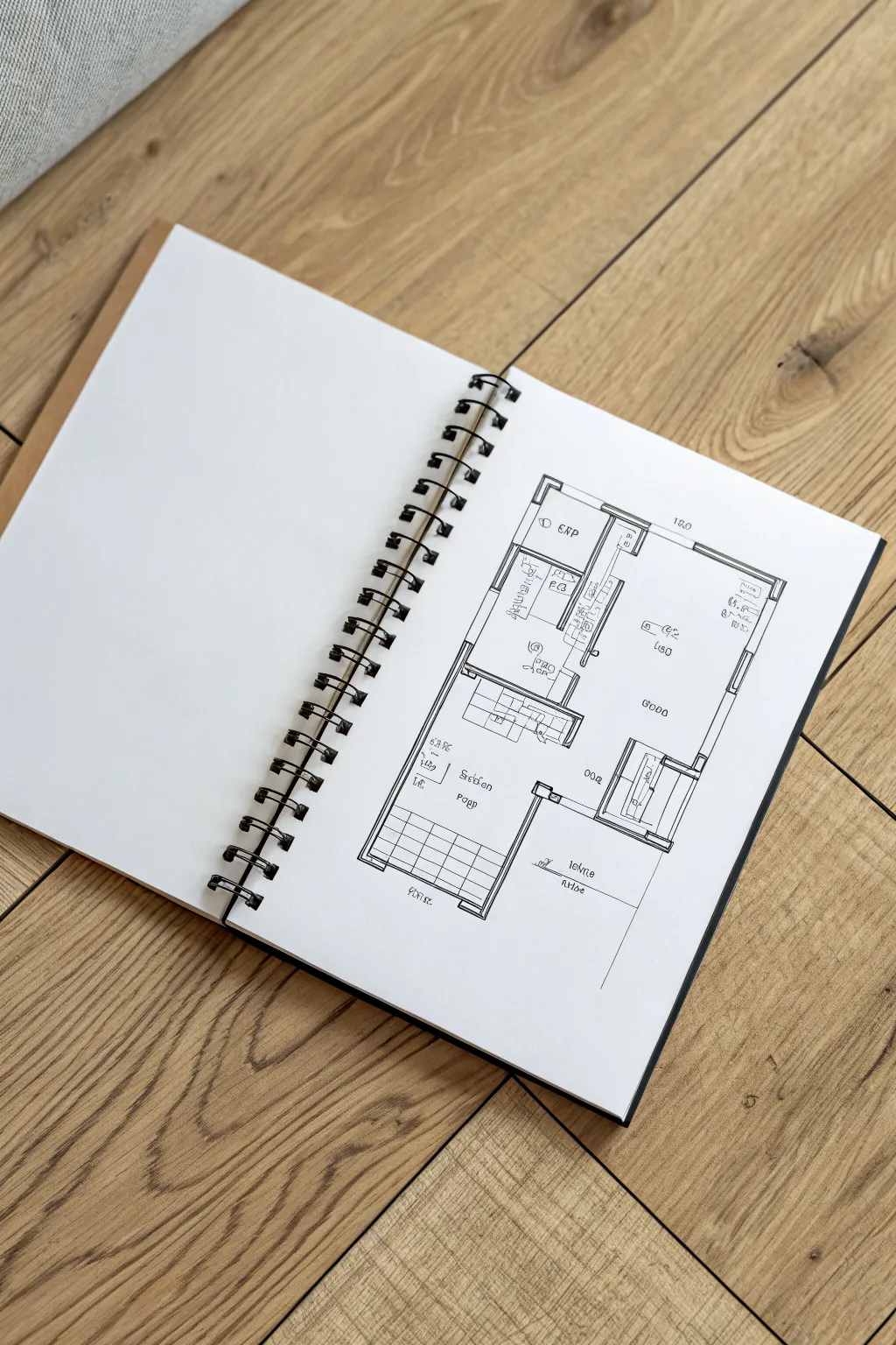 Crisp floorplan sketch with calm marker color zoning for wood, tile, and rugs in soft earthy tones