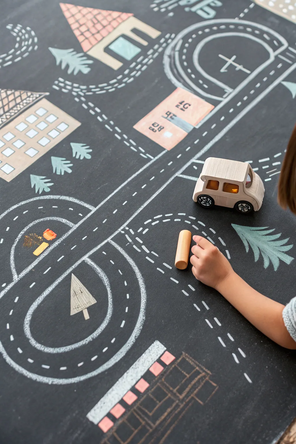 Minimal chalk road town with one toy car in a roundabout, high-contrast Scandinavian boho play